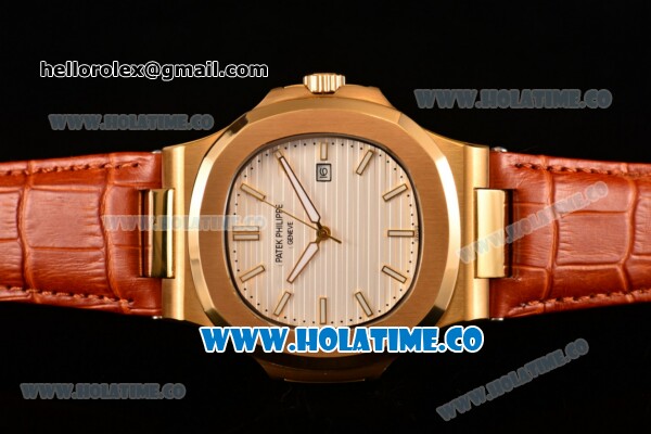 Patek Philippe Nautilus Asia Automatic Yellow Gold Case with White Dial Brown Leather Strap and Stick Markers - Click Image to Close